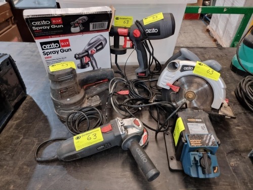 QUANTITY OF POWER TOOLS INCLUDING: OZITO CIRCULAR SAW. OZITO ANGLE GRINDER. BLACK AND DECKER SANDER. WORKZONE SHARPENER AND OZITO SPRAY GUN (MISSING CONTAINER).