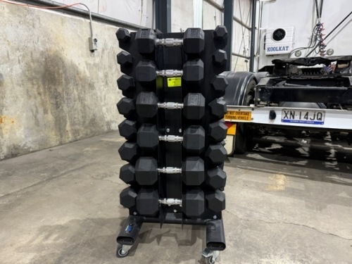 AIR LOCKER BRANDED HEX DUMBELL MOBILE RACK TOTAL OF 28 WEIGHTS FROM 1KG TO 20KG.