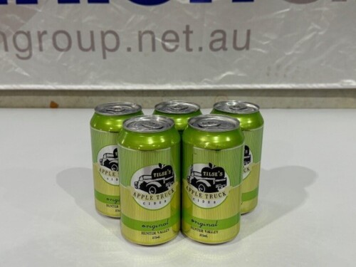 26 X CANS OF CIDER. TILSE'S APPLE TRUCK. HUNTER VALLEY ORIGINAL. CAPACITY: 375ML. STANDARD DRINKS: 1.5. ALCOHOL/VOLUME: 5.2%