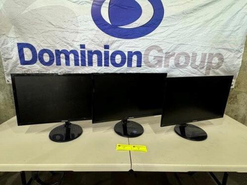 3 X SAMSUNG MONITOR. MODEL LS22F350FHEXXY. 22 INCH SCREEN. POWERS ON. PLEASE NOTE NO POWER CORDS. MINOR SCRATCHES & MARKS.