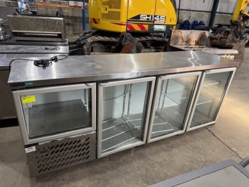 ANVIL AIR 3.5 DOOR REFRIGERATED DISPLAY CABINET. MODEL: UBG6240. SERIAL: UBG6240/0918/308. STAINLESS STEEL. ENCLOSED MOTOR. APPROX: 915MM (H) X 2380MM (W) X 650MM (D). CAPACITY: 107KG. 220-240 VOLT. DAMAGE NOTED TO TOP RIGHT OF CABINET.