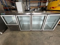 ANVIL AIRE REFRIGERATED SHOWCASE. 3 1/2 DOORS. MODEL: UBG6240. SERIAL: UBG6240/0918/302. STAINLESS STEEL. ON CASTORS. THREE WIRE SHELVES. 220-240 VOLT. APPROX: 2400MM (W) 610MM (D) X 950MM (H).