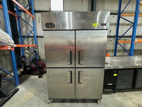 FSM FREEZER UPRIGHT. MODEL: BS4DUFE. 230-240 VOLT. FOUR DOOR. STAINLESS STEEL. EIGHT WIRE RACKS/SHELVES. ON CASTORS. APPROX: 1300MM (W) X 765MM (D) X 2255MM (H).
