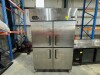 FSM FREEZER UPRIGHT. MODEL: BS4DUFE. 230-240 VOLT. FOUR DOOR. STAINLESS STEEL. EIGHT WIRE RACKS/SHELVES. ON CASTORS. APPROX: 1300MM (W) X 765MM (D) X 2255MM (H).