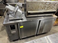 HOSHIZAKI UNDER COUNTER REFRIGERATOR. 2 DOOR. MODEL: RTC-150MNA. SERIAL: J06381C. STAINLESS STEEL. ENCLOSED MOTOR. 230 VOLT. APPROX: 800MM (H) X 1500MM (W) X 600MM (D).