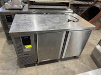 HOSHIZAKI UNDER COUNTER REFRIGERATOR. 2 DOOR. MODEL: RIC-120MNA. SERIAL: J08376E. STAINLESS STEEL. ENCLOSED MOTOR. 230 VOLT. APPROX: 500MM (H) X 1200MM (W) X 600MM (D).
