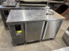 HOSHIZAKI UNDER COUNTER REFRIGERATOR. 2 DOOR. MODEL: RIC-120MNA. SERIAL: J08376E. STAINLESS STEEL. ENCLOSED MOTOR. 230 VOLT. APPROX: 500MM (H) X 1200MM (W) X 600MM (D).