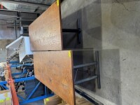 2 X TIMBER AND METAL TABLES. TIMBER TOP WITH METAL GALVANISED PIPE LEGS. APPROX: 2400MM (W) X 800MM (D) X 730MM (H).