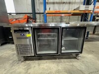 SANDEN INTERCOOL TWO DOOR REFRIGERATED SHOWCASE. MODEL: SPC-1506C. SERIAL: SPC1506C-180900003. 325 LITRES. STAINLESS STEEL TOP. GLASS DOORS. ON CASTORS. APPROX: 1500MM (W) X 600MM (D) X 850MM (H).