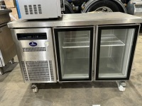 SANDEN INTERCOOL REFRIGERATED SHOWCASE. MODEL: SPC-1206. SERIAL: SPC 1206C-190200002. 220-240 VOLT. TWO DOOR. STAINLESS STEEL. ON CASTORS. TWO WIRE SHELVES. APPROX: 1200MM (W) X 600MM (D) X 850MM (H).