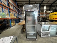 SANDEN INTERCOOL REFRIGERATED SHOWCASE. MODEL: SPR-0687D. SERIAL: SPR0683D-170600009. STAINLESS STEEL. ON CASTORS. THREE WIRE SHELVES. APPROX: 680MM (W) X 760MM (D) X 2005MM (H).