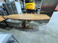 TIMBER TOP TABLE/ISLAND WITH ANTIQUE INDUSTRIAL METAL STAND. APPROX: 2400MM X 900MM X 930MM (H).