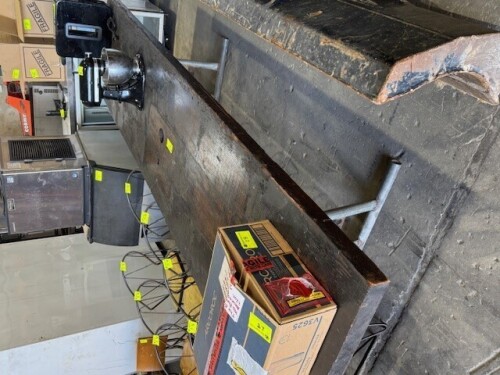 OVERSIZED TIMBER AND METAL TABLE. TIMBER SLABS AND METAL PIPE LEGS. APPROX: 3145MM (W) X 850MM (D).