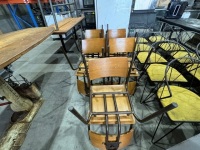 4 X TIMBER AND METAL CHAIRS. MINOR MARKS AND SCRATCHES. ADJUSTABLE BACKREST. APPROX: 430MM (W) X 500MM (D) X 800MM (H).