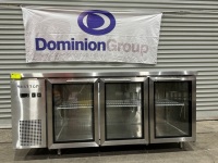 1 X BEST TOP UNDER BENCH REFRIGERATOR. STAINLESS STEEL FRAME 3 GLASS DOORS. 513 LITRE. MODEL CUR18-3SG. FITTED WITH SELF CONTAINED MOTOR.
