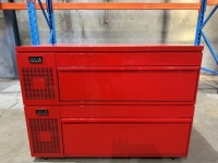 1 X COMMERCIAL REFRIGERATOR DRAWERS.RED POWDER COATED FINISH. FIRST DRAW 2022.30KG MODEL VLSR2V1. SERIAL NUMBER 912231038. SECOND DRAW. 2023.40KG. MODEL VLSR2V1. SERIAL NUMBER 912318032. SELF CONTAINED MOTOR. 1100 W X 700 D X 800 H.