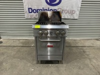 1 X THOR RANGE OVEN. 4 X BURNER TOP. SINGLE OVEN DOOR. STAINLESS STEEL. NO MODEL OR SERIAL NUMBERS VISIBLE. 610 W X 820 D X 940 H. SPLASH BACK 250MM H.