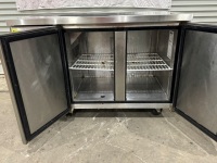 1 X 2022 QUIPWELL STAINLESS STEEL FREEZER. MODEL WC1278. SERIAL NUMBER YPF9027SAU2100322081200070007 . 1200 W X 700 D X 850 H. PLEASE NOTE DAMAGED FRONT CASTOR ON THE LEFT HAND SIDE.