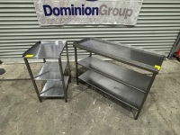 1 X STAINLESS STEEL BENCH WITH UNDERSHELVES. 435 W X 500 D X 830 H. 1 X STAINLESS STEEL BENCH WITH UNDERSHELVES. 435 W X 1140 D X 840 H.