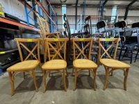 4 X CROSS BACK DINING CHAIRS. OAK COLOUR. RATTAN SEAT.