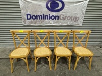 4 X CROSS BACK DINING CHAIRS. OAK COLOUR. RATTAN SEAT.
