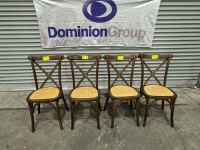 4 X CROSS BACK DINING CHAIRS. TEAK COLOUR. RATTAN SEAT.
