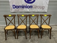 4 X CROSS BACK DINING CHAIRS. TEAK COLOUR. RATTAN SEAT.
