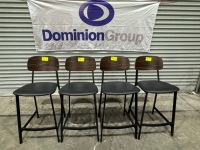 4 X BAR STOOLS. BLACK METAL FRAME WITH BLACK VINYL SEAT & TIMBER BACK.