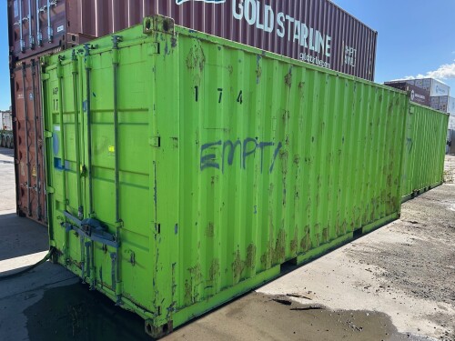 STEEL 20 FOOT SHIPPING CONTAINER. DAMAGED DOORS.