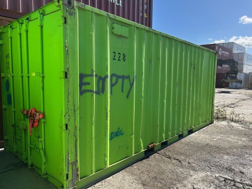 STEEL 20 FOOT SHIPPING CONTAINER. DAMAGED DOORS.