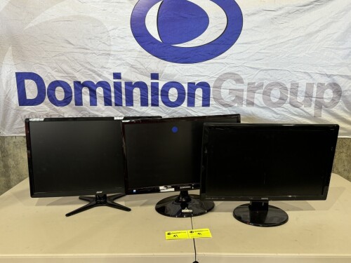 1 X ACER MONITOR. MODEL G246HL. 24 INCH SCREEN. 1 X SAMSUNG MONITOR. MODEL S22C300B. 24 INCH SCREEN. 1 X BENQ MONITOR. MODEL GL2250-T. 22 INCH SCREEN. POWERS ON. PLEASE NOTE NO POWER CORDS. MINOR SCRATCHES & MARKS.